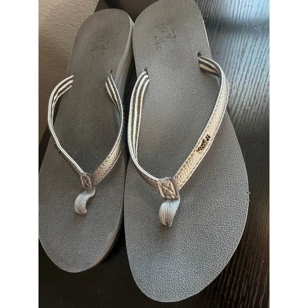 Kuailu Womens Flip Flop Sandals Silver Metallic Straps Gray Comfort Thong 10in